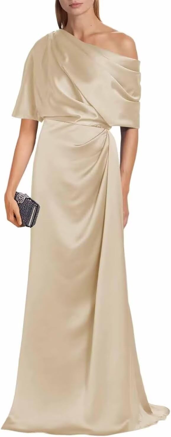 Satin Mother of The Bride Dresses for Wedding One Shoulder Formal Dress with Sleeves Mermaid Evening Party Gowns