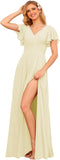 V Neck Bridesmaid Dresses for Women with Slit 2025 Flutter Sleeve Chiffon Pleats Formal Dress with Pockets