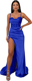 Ballkleider mit Wasserfallausschnitt, langen Spaghettiträgern, Illusion-Meerjungfrauen-Korsett, formelles Abendkleid mit Schlitz 