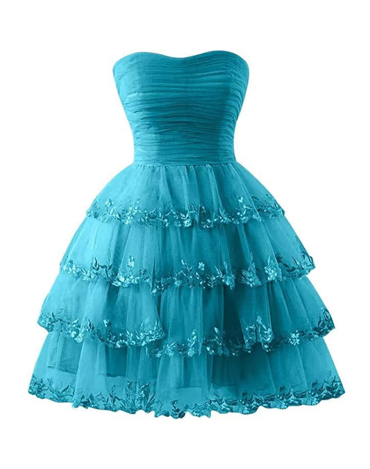 Homecoming Dresses Short Strapless Lace Appliques Tiered Ruffle Tulle Formal Cocktail Party Gowns for Teens