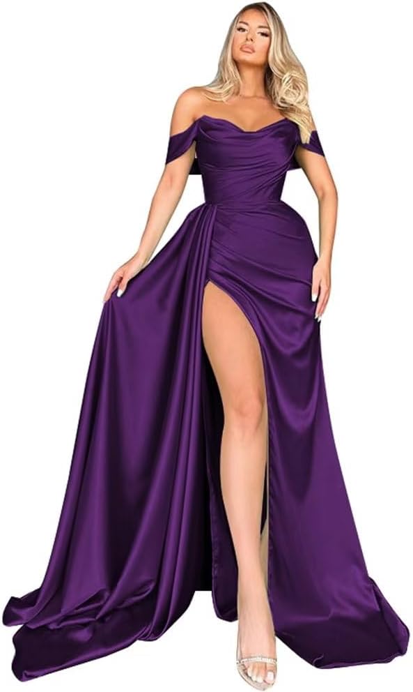 Off Shoulder Satin Bridesmaid Dresses Long Formal Gown for Wedding Ruched Prom Dress with Slit