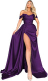 Off Shoulder Satin Bridesmaid Dresses Long Formal Gown for Wedding Ruched Prom Dress with Slit