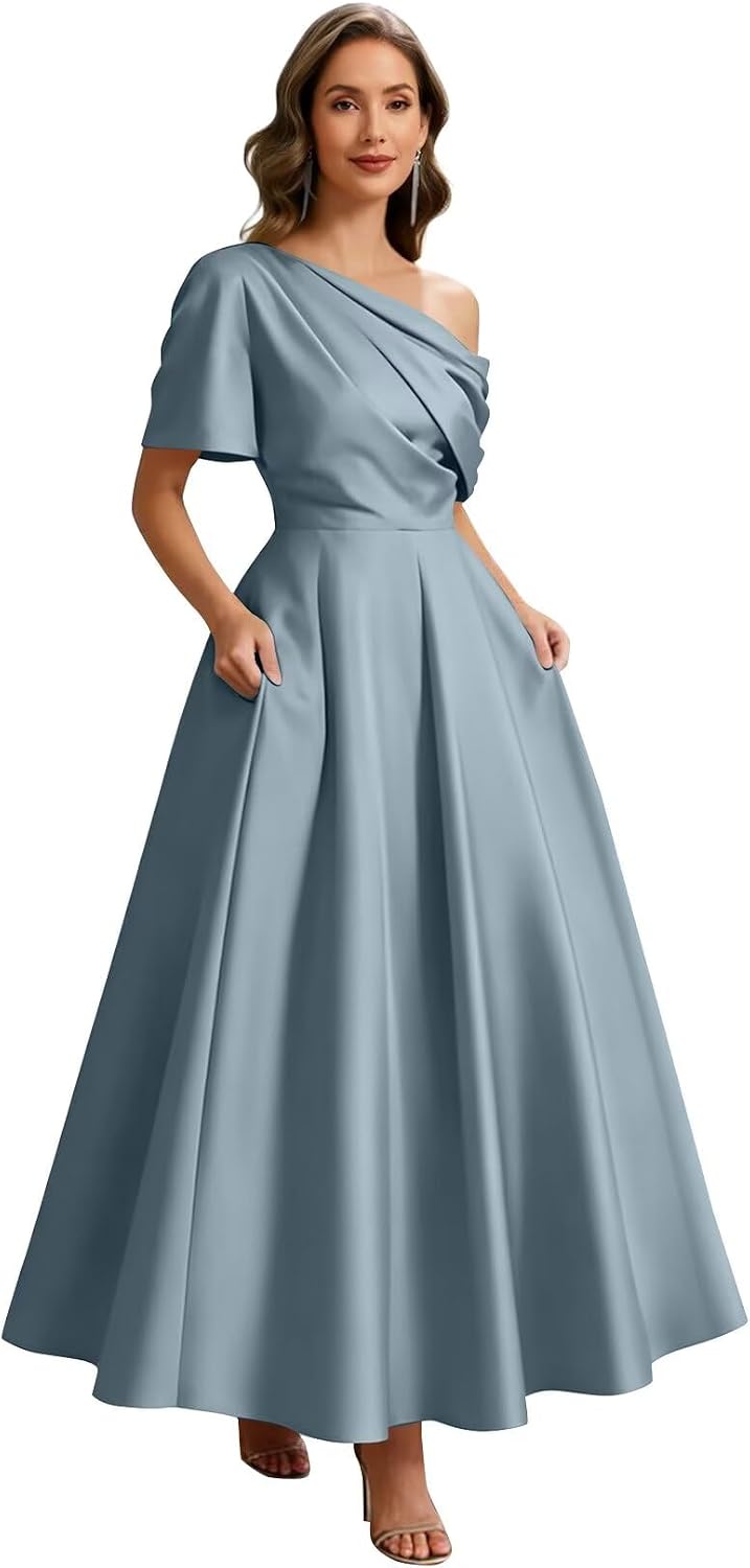 Kingbridal Satin Mother of The Bride Dresses for Women Tea Length Formal Dress One Shoulder Evening Party Gowns with Pockets