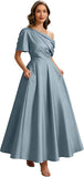 Kingbridal Satin Mother of The Bride Dresses for Women Tea Length Formal Dress One Shoulder Evening Party Gowns with Pockets