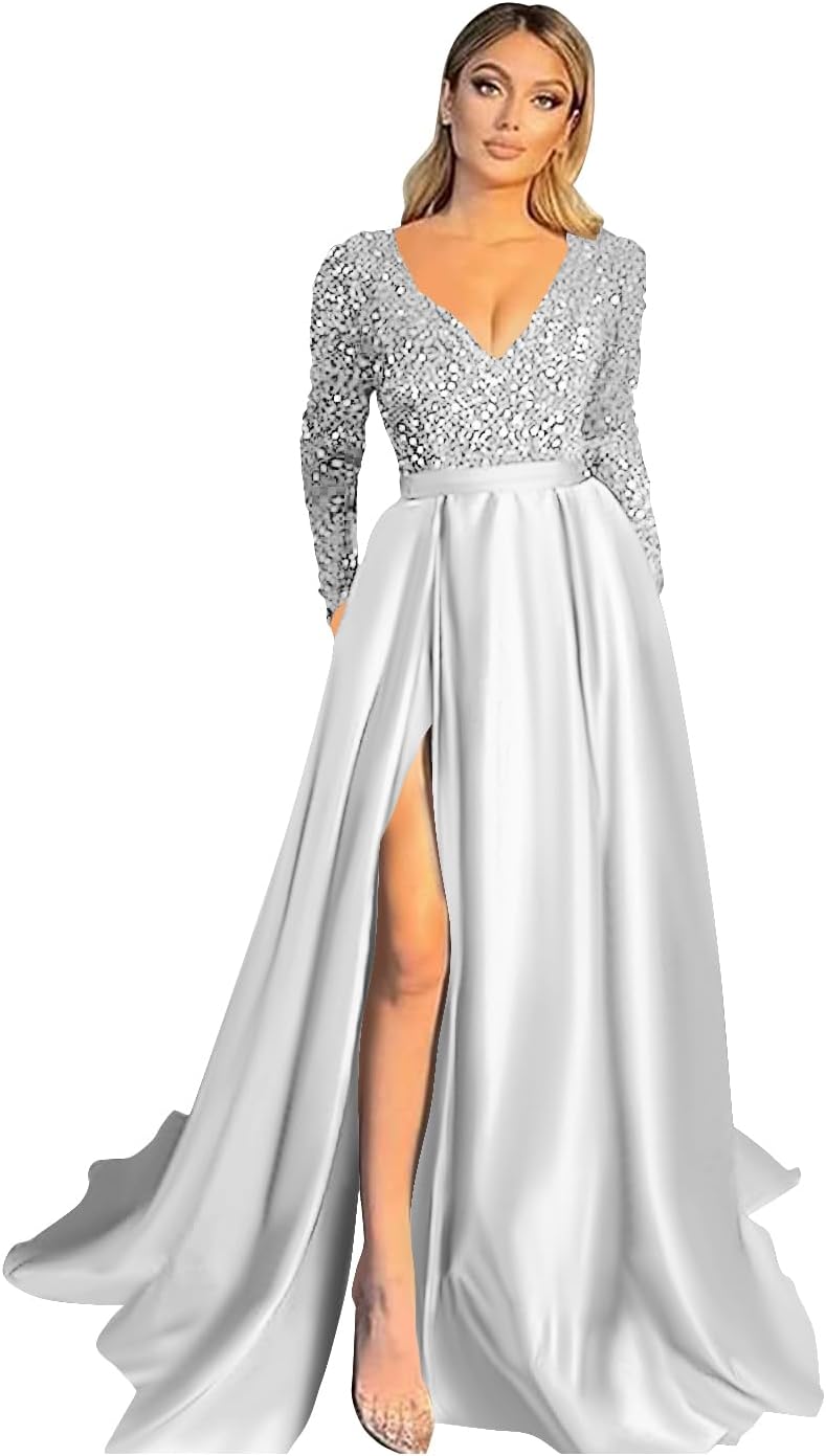 Vestido de fiesta de satén con lentejuelas brillantes para mujer, con bolsillos, manga larga y abertura. 