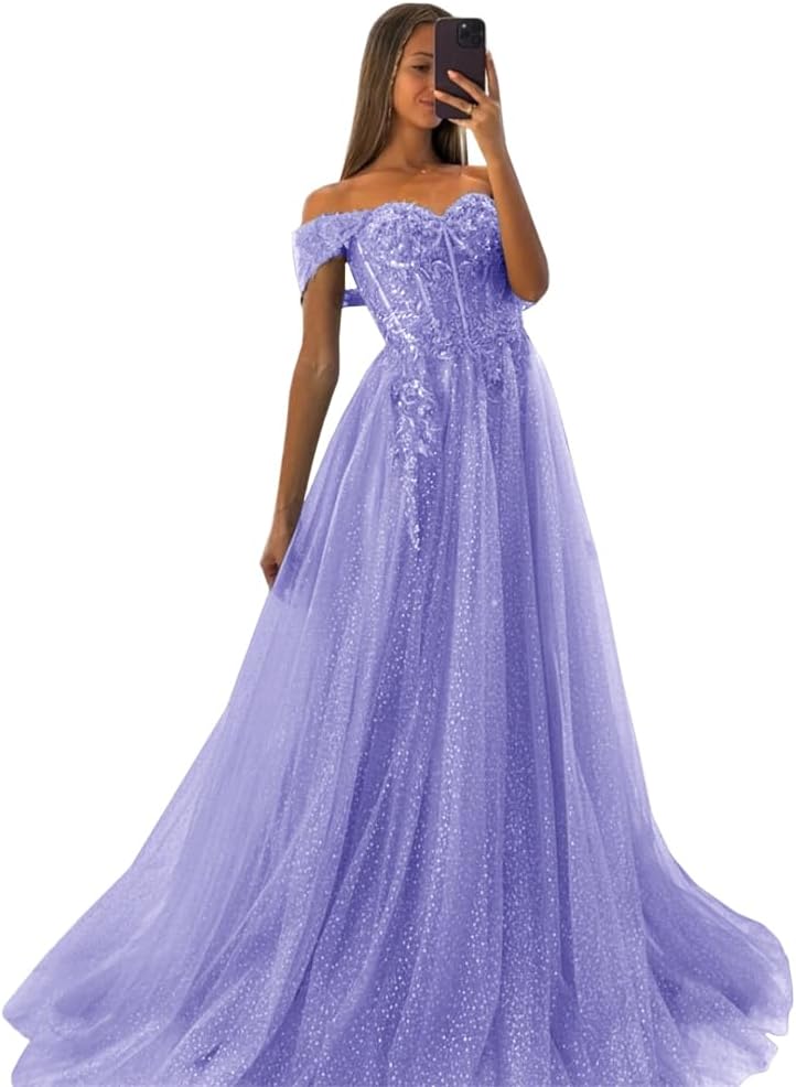 Off The Shoulder Tulle Prom Dresses 2027 Lace Applique A Line Long Sparkly Formal Evening Party Gowns