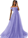 Off The Shoulder Tulle Prom Dresses 2027 Lace Applique A Line Long Sparkly Formal Evening Party Gowns