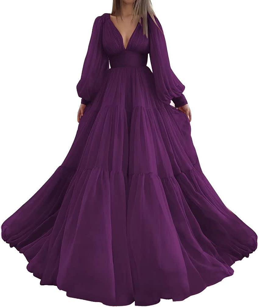 Langes Ballkleid mit Puffärmeln, Tüll, Ballkleid für Damen, Brautkleider, V-Ausschnitt, formelle Abendkleider