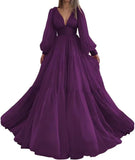 Langes Ballkleid mit Puffärmeln, Tüll, Ballkleid für Damen, Brautkleider, V-Ausschnitt, formelle Abendkleider