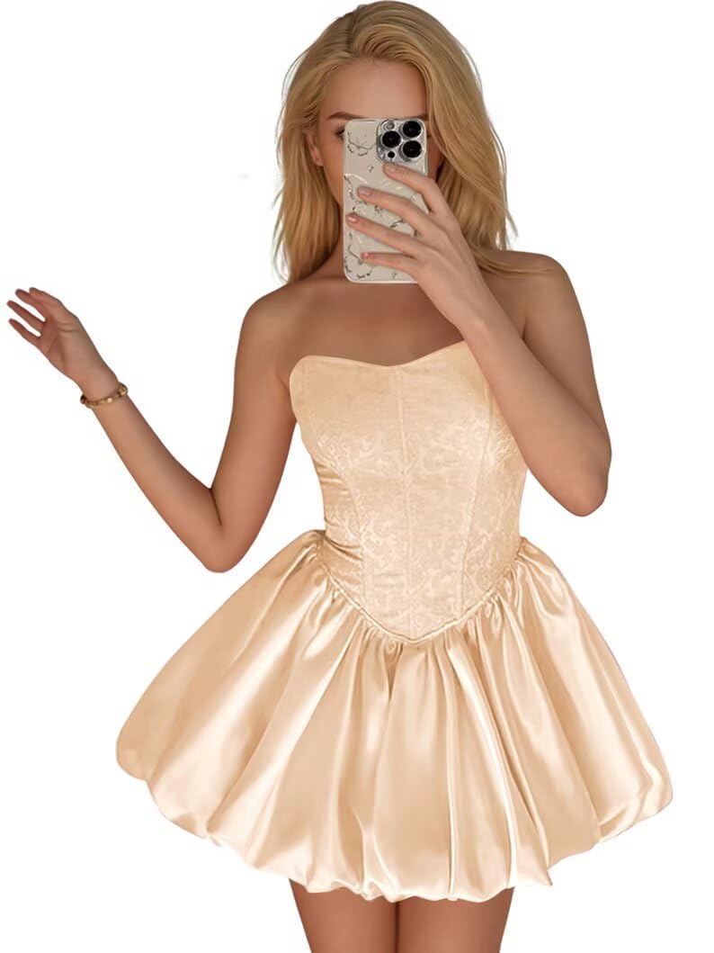 Strapless Satin Homecoming Dresses for Teens Jacquard Short Prom Dress A-line Cocktail Party Gowns with Pockets