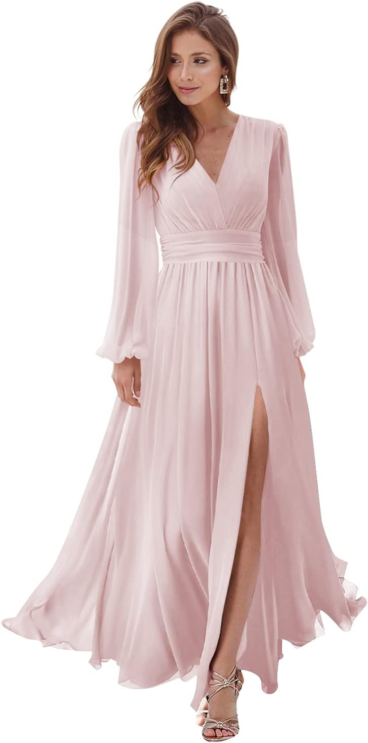 Women's Long Sleeve Bridesmaid Dresses with Slit V Neck A Line Chiffon Formal Evening Gowns with Pockets Mother of the Bride Gowns