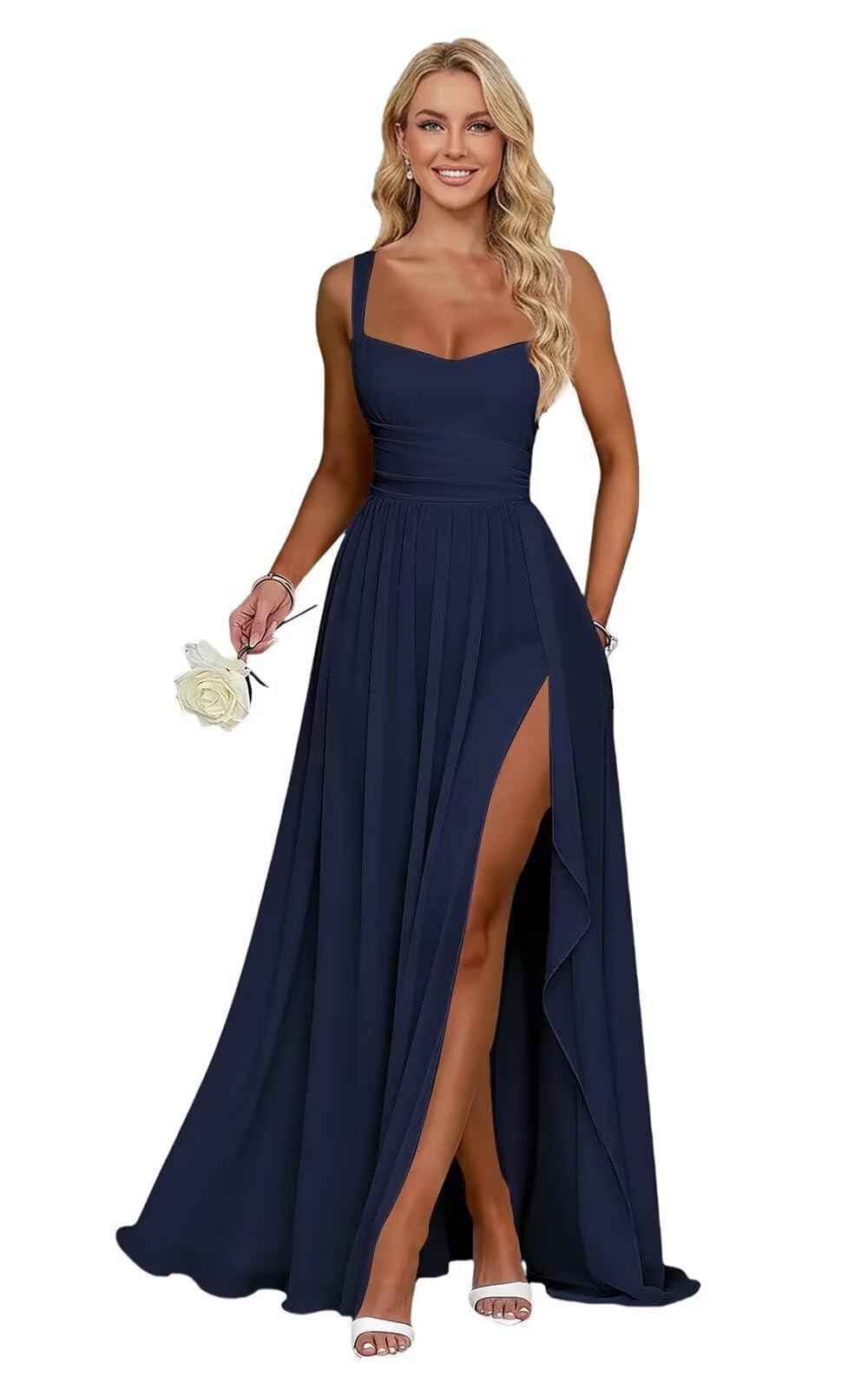 Ruffle Chiffon Bridesmaid Dress Long Square Neck Pleated Formal Gowns with Slit for Women Plus Size Spaghetti Straps Ruffles