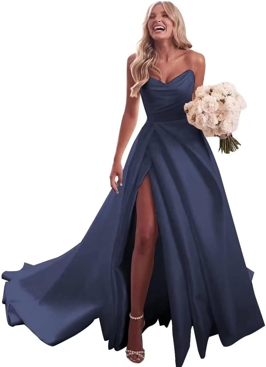 Trägerloses Ballkleid, langes Ballkleid, Satin-Brautkleid für die Braut, A-Linie, formelle Abendkleider mit Schlitz 