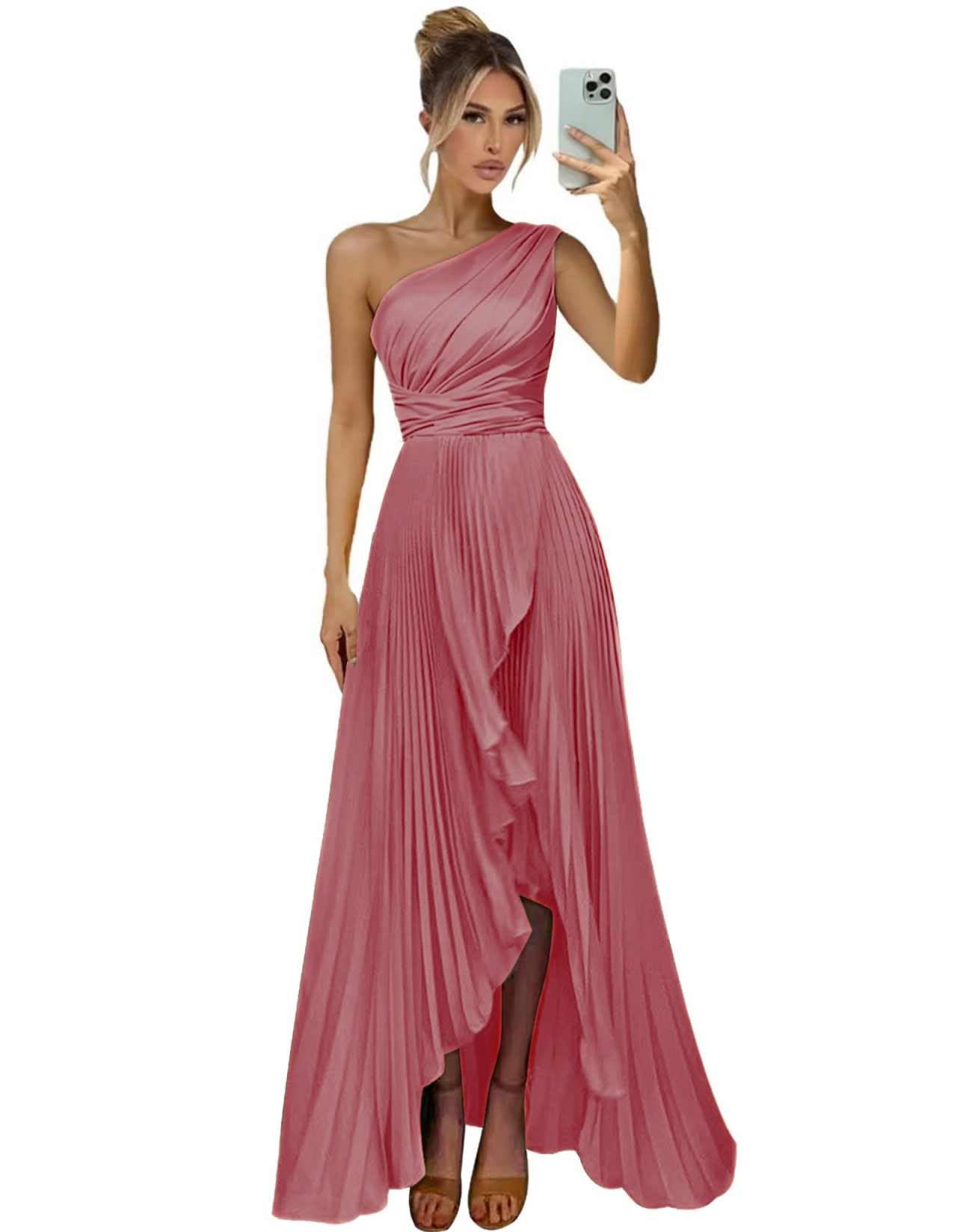 One Shoulder Bridesmaid Dresses for Women Satin Pleated Long A Line Formal Prom Evening Party Dress with Slit