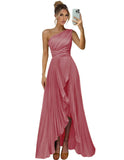 One Shoulder Bridesmaid Dresses for Women Satin Pleated Long A Line Formal Prom Evening Party Dress with Slit
