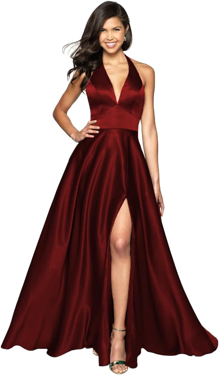 Womens Satin Prom Dresses Long with Slit Halter Evening Formal Gowns for Women with Pockets