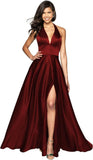Womens Satin Prom Dresses Long with Slit Halter Evening Formal Gowns for Women with Pockets