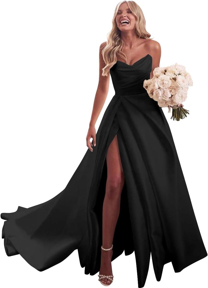 Strapless Satin Prom Wedding Dresses with Slit Long Pleats Formal Ball Bridal Gowns with Pockets