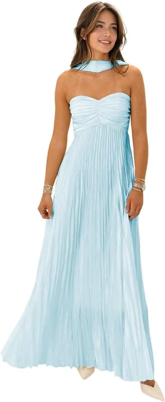 Women's Strapless Chiffon Bridesmaid Dresses with Scarf Long A-Line Pleated Formal Evening Dress