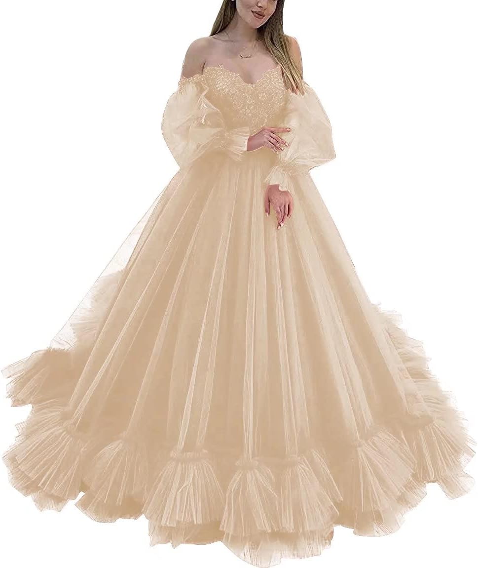 Off Shoulder Lace Appliques Ball Gown Quinceanera Dresses Long Sleeve Wedding Dress Bridal Gowns