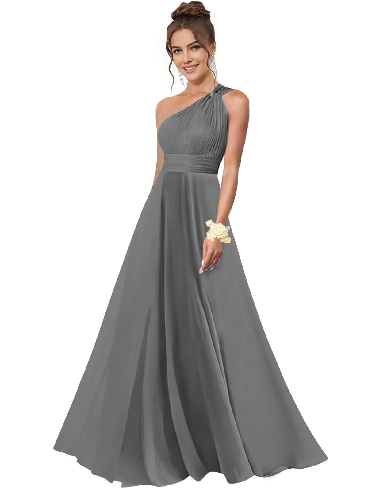 One Shoulder Bridesmaid Dresses for Women Chiffon A Line Pleated Long Formal Gowns with Pockets