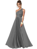 One Shoulder Bridesmaid Dresses for Women Chiffon A Line Pleated Long Formal Gowns with Pockets