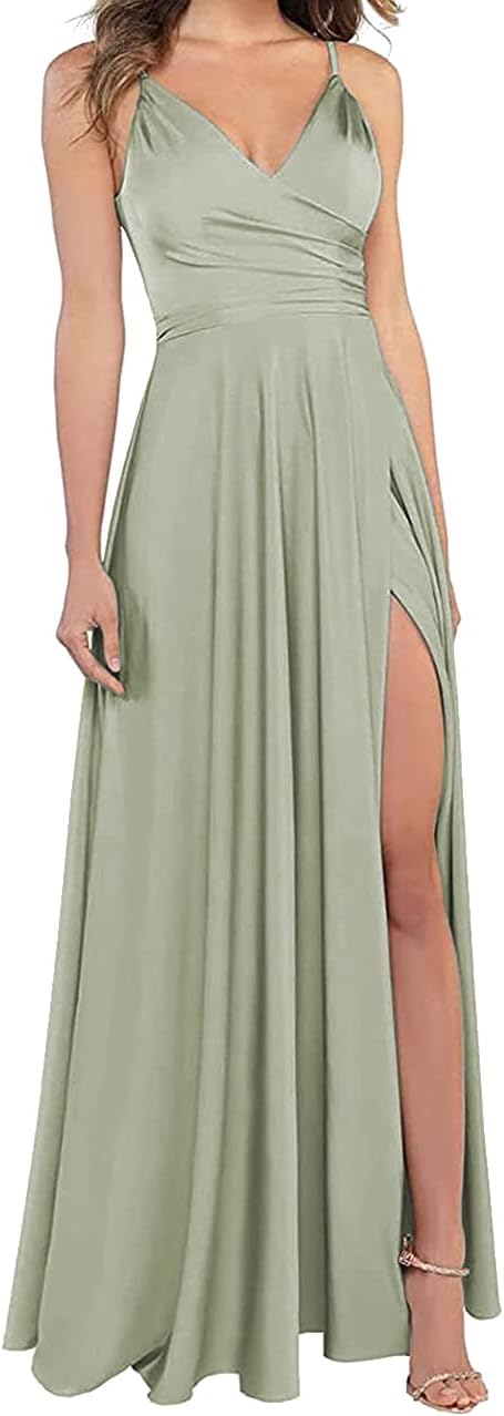 Lange Brautjungfernkleider für Frauen, formelle Satin-Spaghettiträger, Abschlussball- und Abendkleider 
