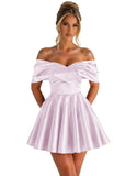 Off Shoulder Satin Homecoming Dresses for Teens 2026 Short Prom Dress A-line Pleated Cocktail Party Gowns
