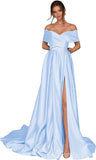 Women's Off Shoulder Long Prom Dresses with Slit 2025 Satin A-Line Sweetheart Corset Formal Evening Dresses with Pockets