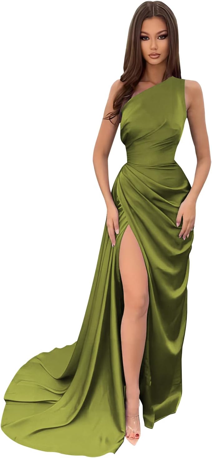 Vestidos de dama de honor largos con un hombro al descubierto y pliegues de satén estilo sirena para fiesta de boda formal 