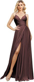 V Neck Satin Bridesmaid Dresses Spaghetti Straps Prom Dress Slit Wedding Formal Evening Party Dress