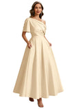 Kingbridal Satin Mother of The Bride Dresses for Women Tea Length Formal Dress One Shoulder Evening Party Gowns with Pockets