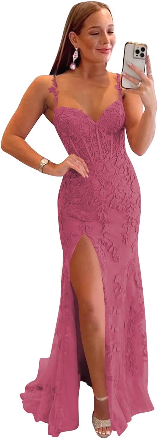 Women's Lace Mermaid Prom Dresses Long with Slit Mermaid Spaghetti Straps Backless Formal Evening Gowns