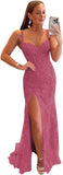 Women's Lace Mermaid Prom Dresses Long with Slit Mermaid Spaghetti Straps Backless Formal Evening Gowns
