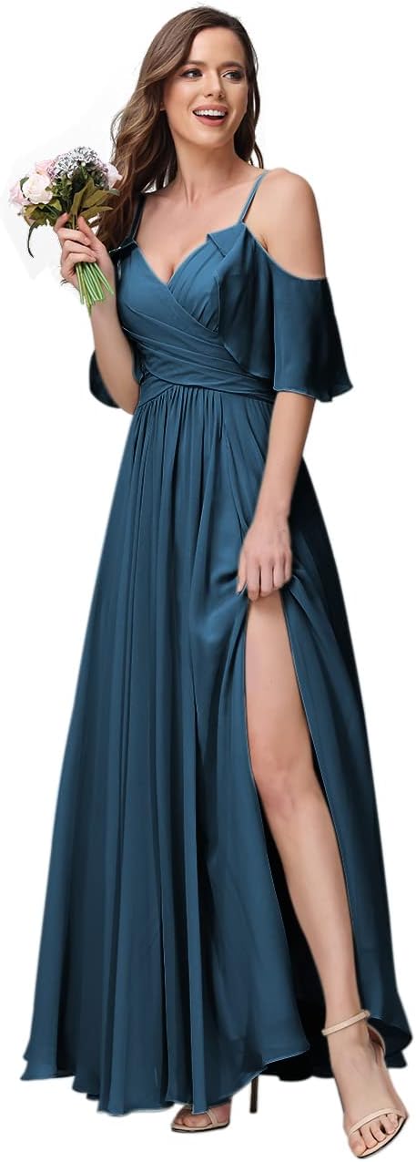 Women's Long Spaghetti Straps Bridesmaid Dress with Slit Off Shoulder Chiffon Formal Party Gowns