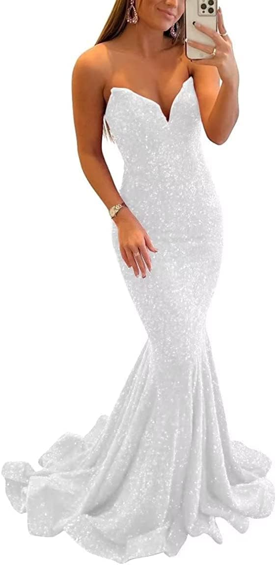 Women's Strapless Sequin Prom Dresses with Train Criss-Cross Mermaid Long Formal Evening Gowns