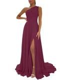 One Shoulder Chiffon Bridesmaid Dresses for Wedding 2026 Lace A-Line Slit Formal Evening Party Gown with Pockets