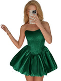 Strapless Satin Homecoming Dresses for Teens Jacquard Short Prom Dress A-line Cocktail Party Gowns with Pockets