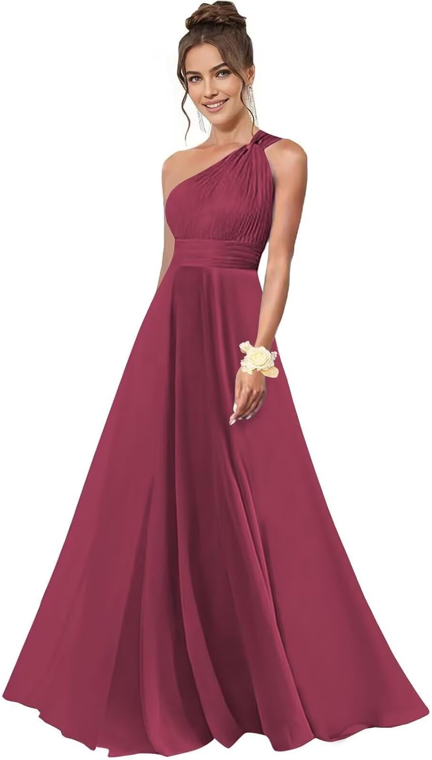 One Shoulder Bridesmaid Dresses for Women Chiffon A Line Pleated Long Formal Gowns with Pockets
