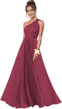 One Shoulder Bridesmaid Dresses for Women Chiffon A Line Pleated Long Formal Gowns with Pockets