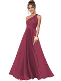 One Shoulder Bridesmaid Dresses for Women Chiffon A Line Pleated Long Formal Gowns with Pockets