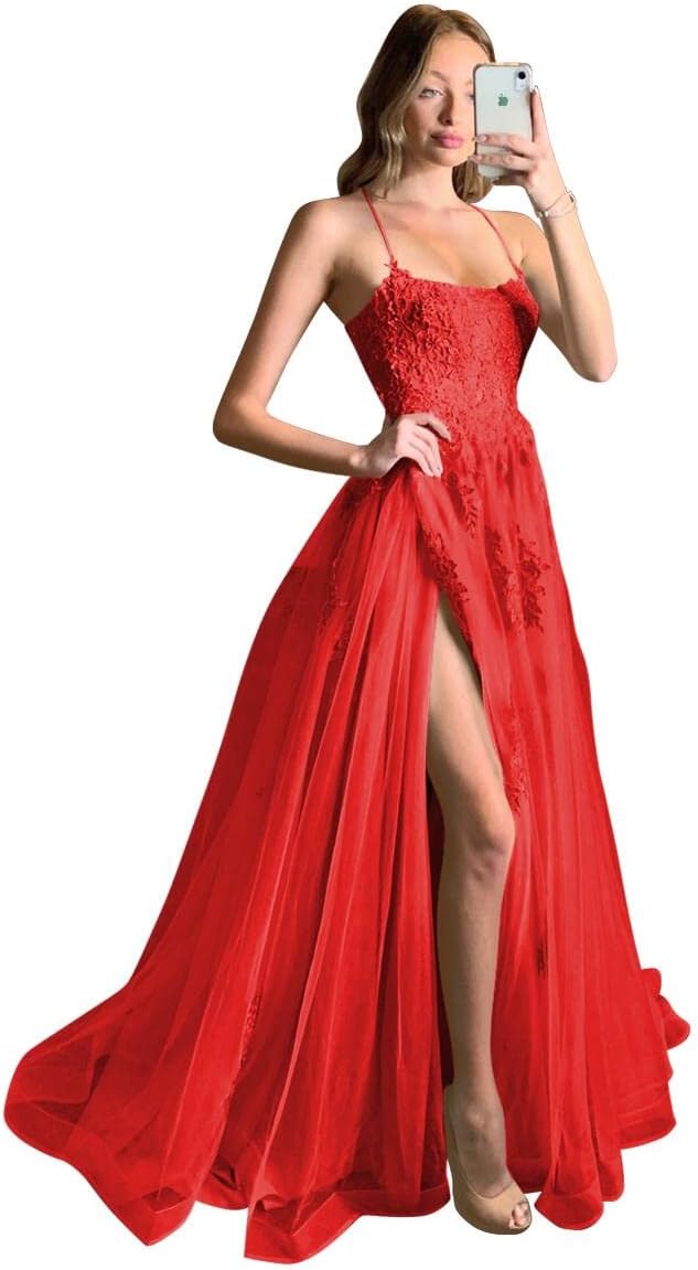 Women's Lace Criss-Cross Prom Dresses with Slit Spaghetti Straps Long Formal Evening Gowns
