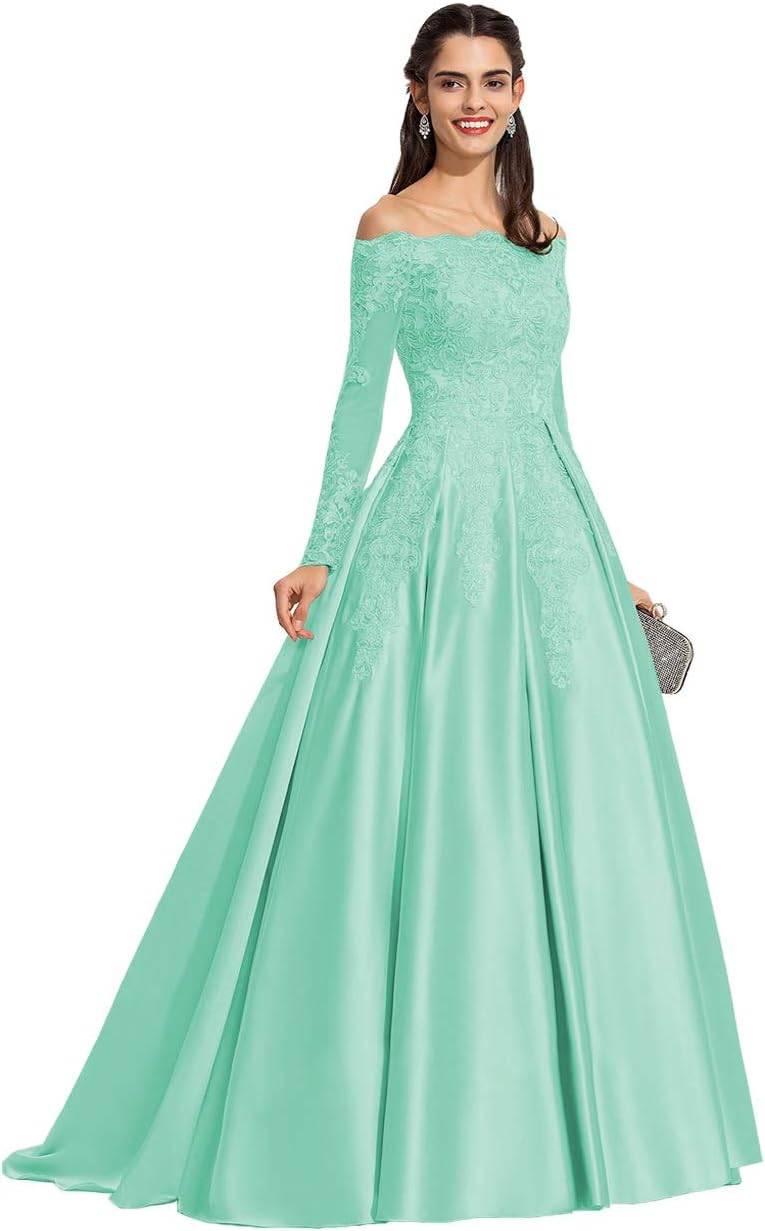Vestidos de fiesta formales de satén con apliques de encaje y hombros descubiertos para mujer, con mangas largas