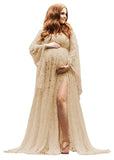Women's Lace Maternity Dress for Photoshoot Long Puffy Sleeves V Neck Boho Pregnancy Gown for Baby Shower with Slit