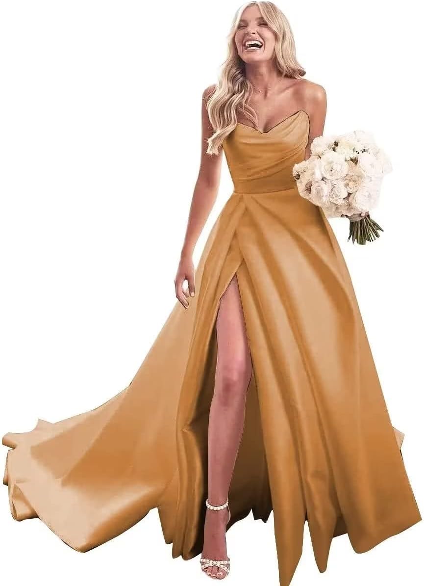 Trägerloses Ballkleid, langes Ballkleid, Satin-Brautkleid für die Braut, A-Linie, formelle Abendkleider mit Schlitz 