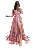 Long Sleeve Sequin Prom Dresses for Women 2027 Satin Formal Dress Sparkly Slit Evening Party Gown with Pocket