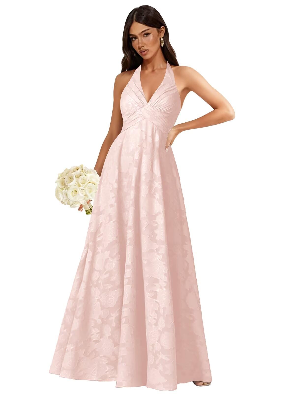 Floral Lace Bridesmaid Dresses for Women Long V Neck A-Line Open Back Halter Formal Evening Gown