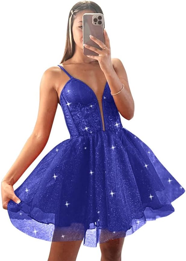 Glitter Tulle Homecoming Dresses for Teens Spaghetti V Neck Short Prom Dresses A Line Mini Cocktail Party Gowns