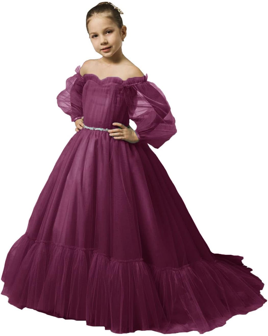Puffy Sleeves Flower Girl Dress for Wedding Tulle Princess Pageant Dress Kids Prom Ball Gown with Belt