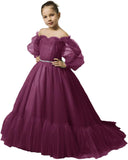 Puffy Sleeves Flower Girl Dress for Wedding Tulle Princess Pageant Dress Kids Prom Ball Gown with Belt
